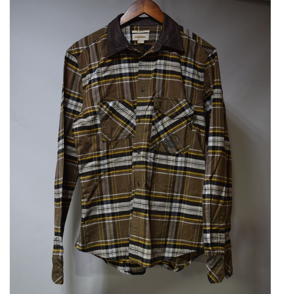Diesel Men’s Slim Fit Plaid Shirt Size M Brown Leather Collar Western Utility
